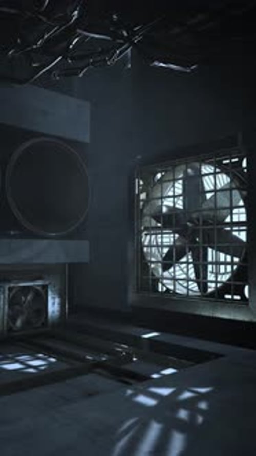 Dark Industrial Room with Large Fans Spinning Quietly in the Shadows