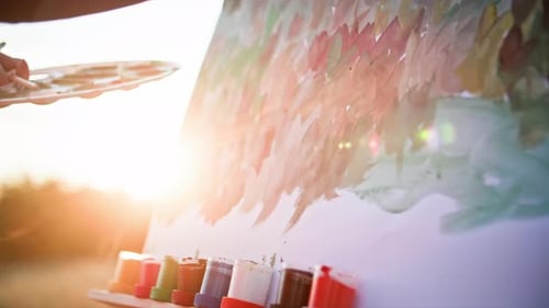 Creative Hobby Creative Young Woman Using Paints and Brushes Draws Modern Picture in Park on