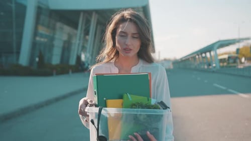 Job Loss Crisis 2020 Upset Beautiful Young Woman Taking Her Personal Belongings Leaving Office