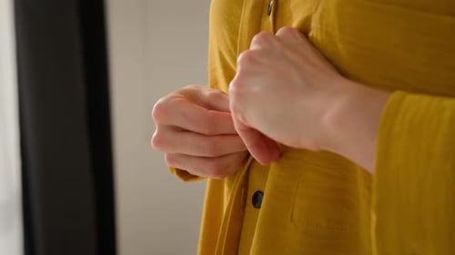 Hands Close Up Caucasian Woman Girl Female Influencer Wear Buttoning Up Yellow Shirt Clothes Blogger