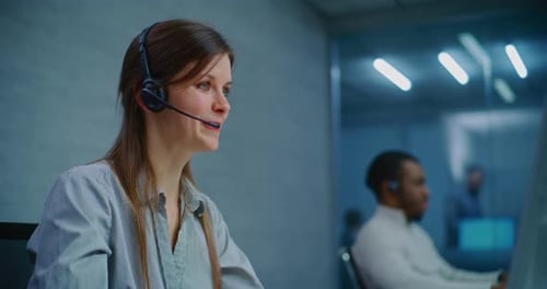 Call Center Close Up of Female Hotline Operator Talking on Headset with Customer