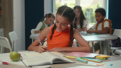 Caucasian Girl Kid Pupil School Student Teen Studying at Desk Classroom Smiling Schoolgirl Learning