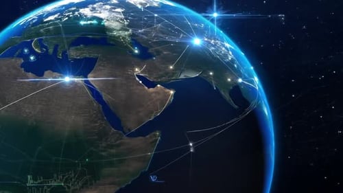 Abbildung Animiertes digitales Gitter und Linien über einer sich drehenden 3D-Big-Data-Erdkugel