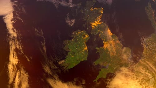 Ireland From Space At Sunset. Uk From Space Orbit. Planet. Globe