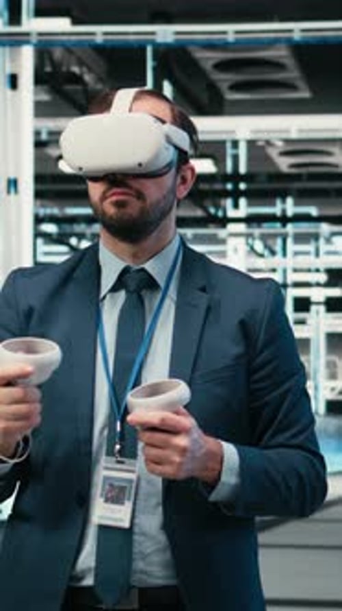 Vertical Video Debugging System Errors VR Headset and Computer Scientist in Data Center