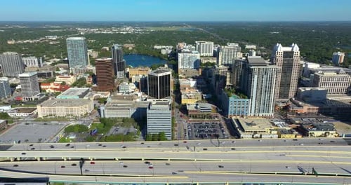 Orlando City Florida Landscape with Big Highway Intersection and High Rise Buildings of Downtown