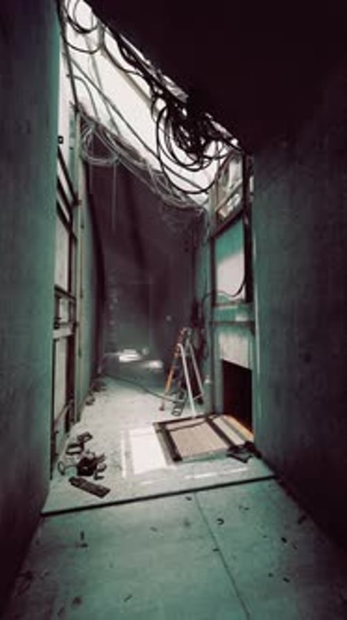 Abandoned Corridor with Ladder and Scattered Debris in a Dimly Lit Space