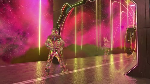 Astronaut is Running Reality Turns Into a Diamond Space Road with Gates Starry Sky and Clouds Neon