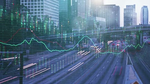 Creative Illuminated Night Time Los Angeles City Background with Chart. Trade And