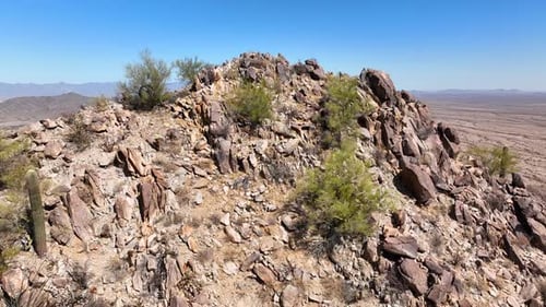 Aerial view of rocky terrain and desert, United States.