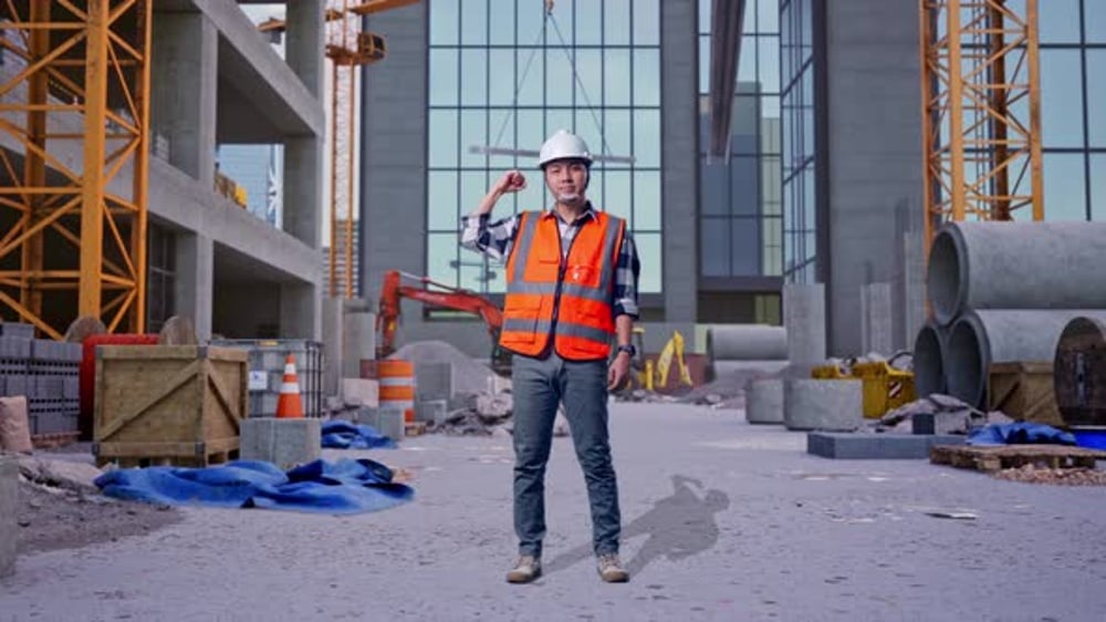 Full Body Of Asian Male Engineer Flexing His Bicep And Smiling To ...