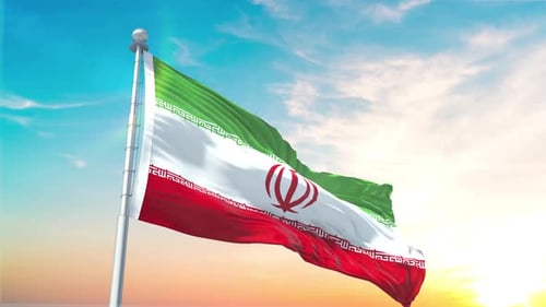 Realistic Waving National Flag of Iran Against a Sunrise Sky