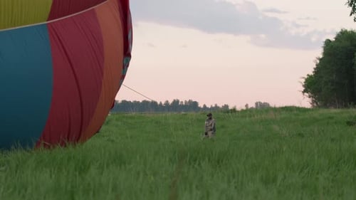 Close Up Hot Air Balloon Envelope Panels in Field at Evening