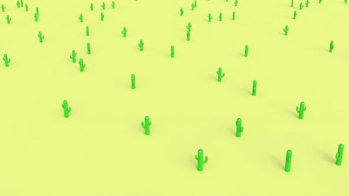 Grüner Plastikkaktus auf gelber Oberfläche im 3D-Cartoon-Stil