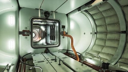 Das Innere eines Raumstationsmoduls zeigt fortschrittliche Technologie und Atmosphäre