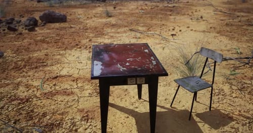 A Solitary Table and a Weathered Chair Stand in a Barren Sunlit Desert