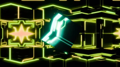 Flying Neon Cube in a Seamless Loop