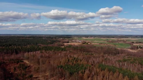 Drone pans across thick forest and farmland in countryside under fluffy white clouds