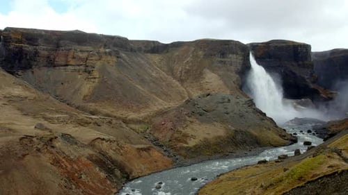 Aerial of Majestic Haifoss Waterfall. Spectacular Scenery of Iceland