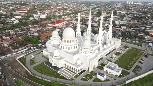 Aerial view in the evening, Sheikh Zayed Grand Mosque in Surakarta, Central Java, Indonesia. Very be