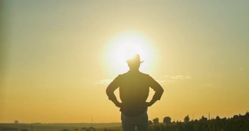 Back View of the Young Farmer Standing at the Field and Looking at the Harvest While Analyzing with