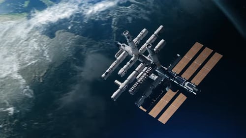 a modern space station in orbit of the earth. the concept of exploring the world and modern