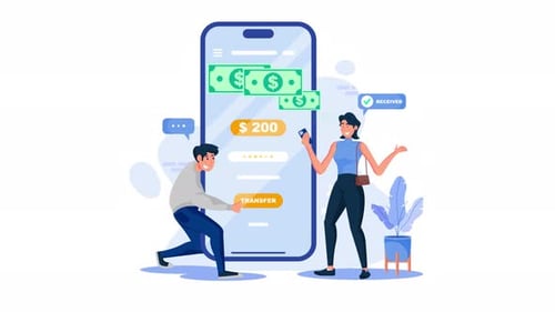 Animated Mobile Money Transfer Illustration with Flat Design Characters