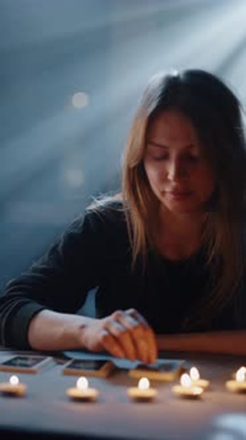 Woman Reads Tarot Cards by Candlelight in Dark