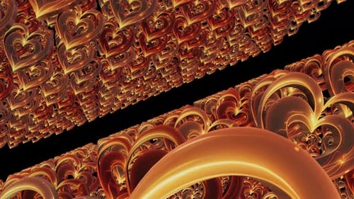 Kamera, die durch ein leuchtendes 3D-Herz auf dunklem Hintergrund fliegt, 3D-glänzende goldene Herzform, die auf PU fliegt