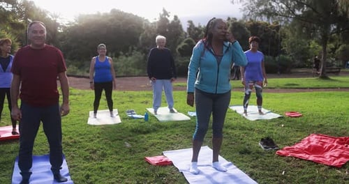 Multiracial senior people doing yoga exercises outdoor with city park in background