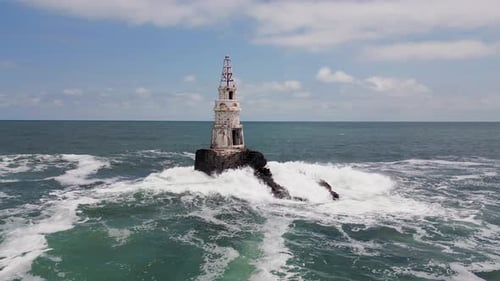 Aerial View of Lighthouse on an Island Near the City of Ahtopol on the Coast of the Black Sea in