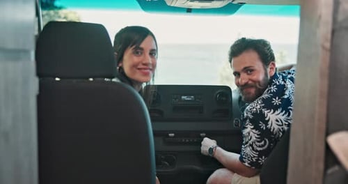 Happy, face and couple in vehicle, road trip and journey for adventure, love