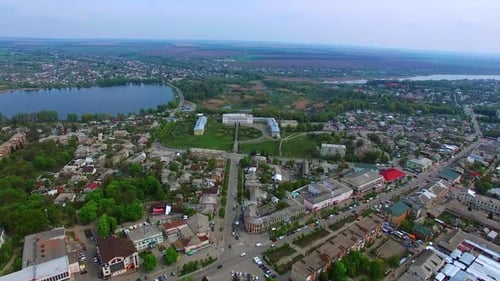 Little provincial city of Ukraine. Small pond and historical palaces in the centre