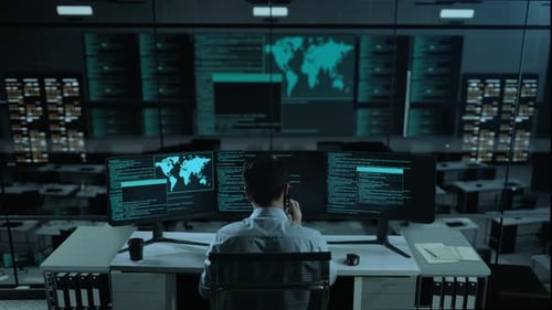 Asiatischer Mann spricht auf dem Handy, während er Code mit mehreren Computerbildschirmen im Büro schreibt