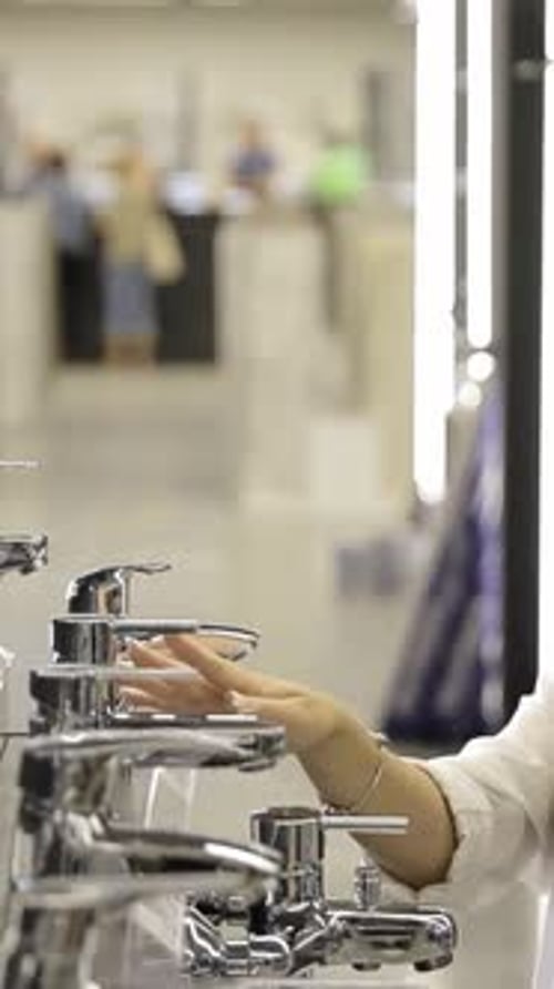 Attractive Female Customer Trying Bathroom Faucets at the Store Vertical Video