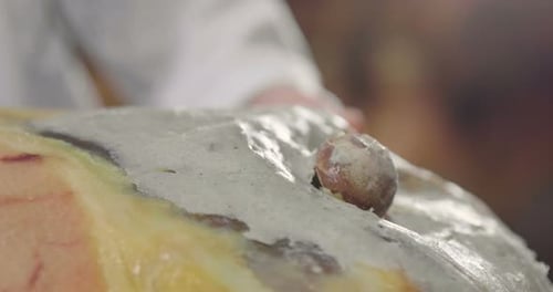 Close-up of a hand that gathers the ham with fat before it is seasoned, to give flavor and protect
