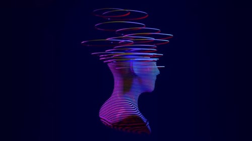3d Digital Abstract Human Face on a Dark Background Futuristic Face Cut Into Colored Slices