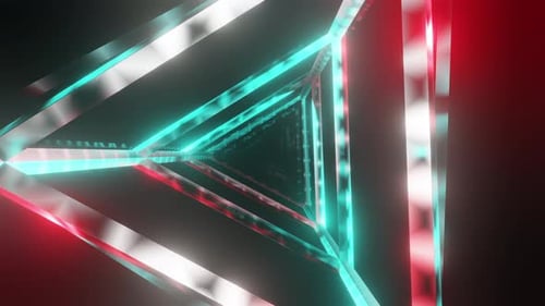 Abstract Disco Neon Background, Flight Forward Through Triangular Corridor, Flickering Colorful