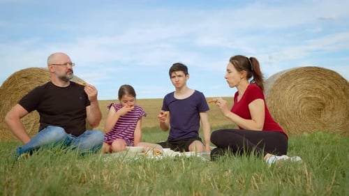 Happy Family Enjoying Picnic Eating Pizza Together in Open Field Father Mother Son Daughter Sitting