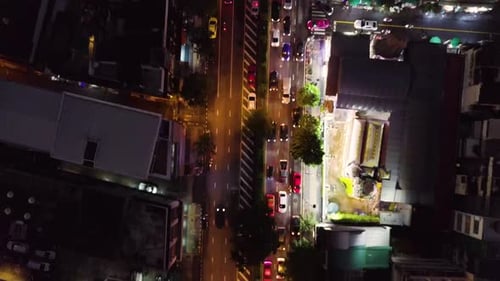 Drone shots of traffic and streets in Bangkok, Thailand at night