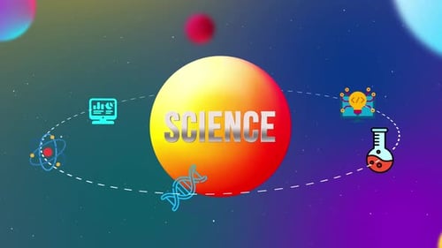 Animated Science Icons Orbiting Central Sphere with Text Reveal