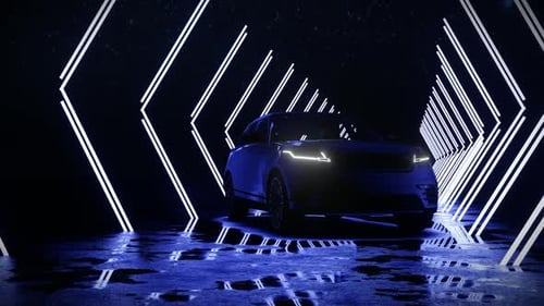White SUV Neon Light Tunnel Background