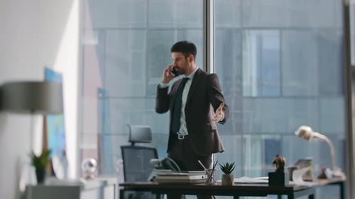 Frustrated Ceo Talking Cellphone at Office Dissatisfied Report Annoyed Manager