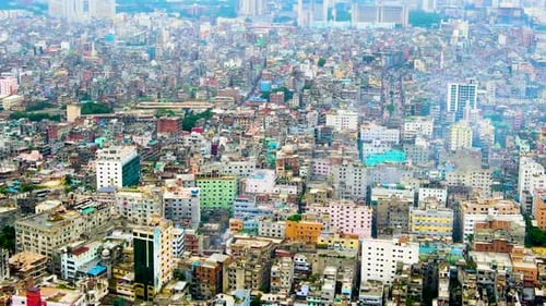 Dense Residential And Financial Buildings In Dhaka City, Bangladesh - Aerial Drone Establishing Shot