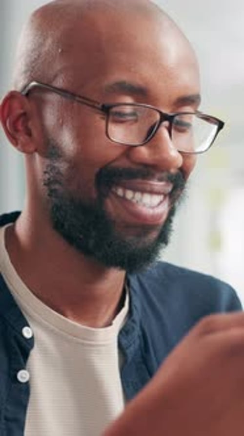 Office, black man and happy with smartphone for social media, communication and online for contact