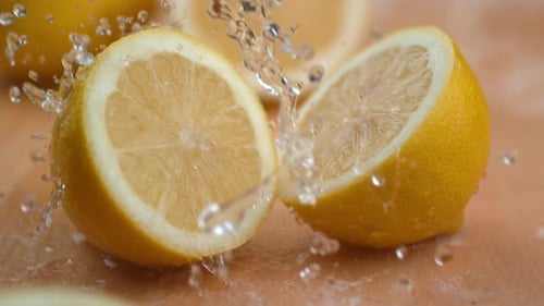 Macro Shot of Water Splashing on Lemon Halves