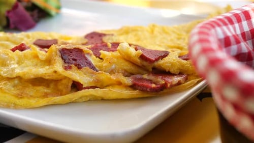 Delicious Omelet with Bread and Fresh Salad