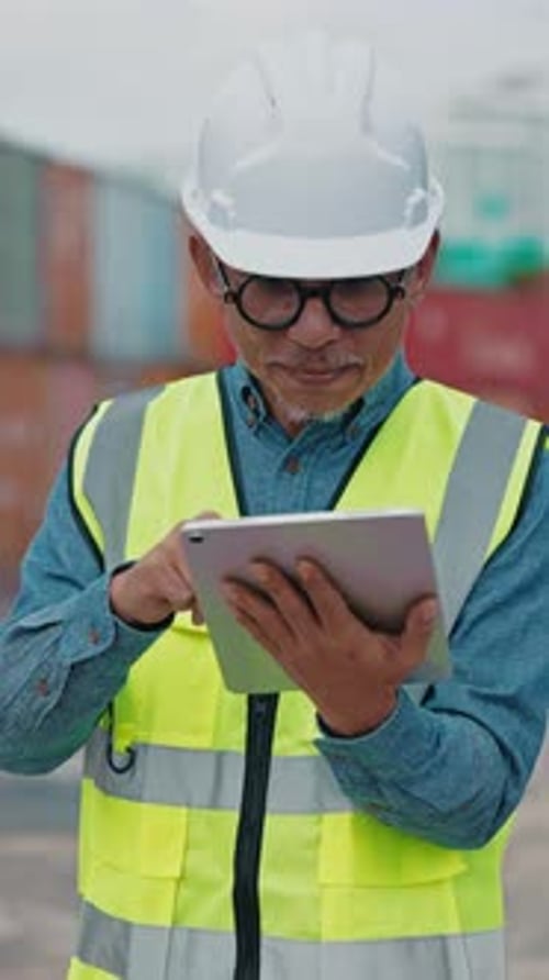 Vertical Video Senior Man Engineer Holding the Tablet and Working on Distance While Standing Outside