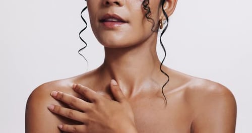 Body, skincare and woman with beauty from self care and dermatology in white background of studio