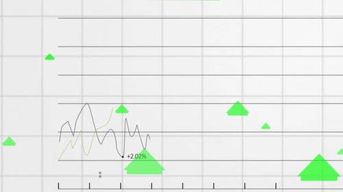Animation of statistics recording and green arrows pointing up moving on grid on white background
